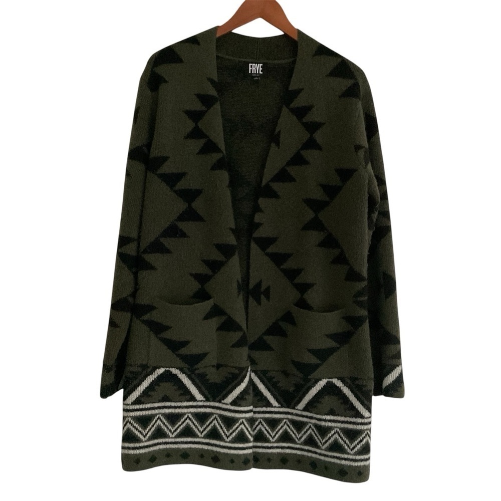 FRYE Women’s The Cozy Open Front Cardigan Sz M Green Aztec Boho Slouchy Duster